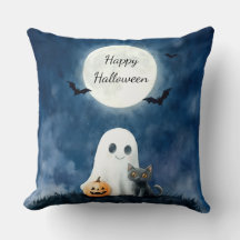 Cute Fantasma e Gato Preto no Halloween
