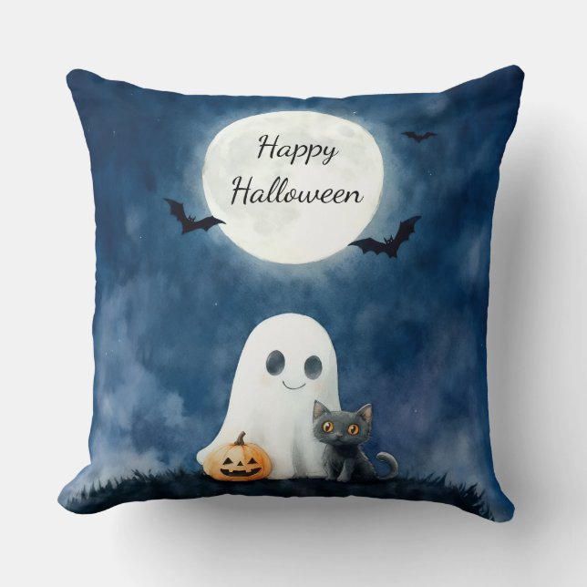 Almofada Cute Fantasma e Gato Preto no Halloween (Frente)