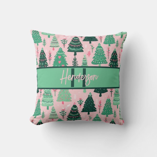 Almofada Cute Fun Pink & Green Christmas Tree Monogram (Frente)
