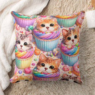 Almofada Cute gatinhos e cupcakes, travesseiro arco-íris do