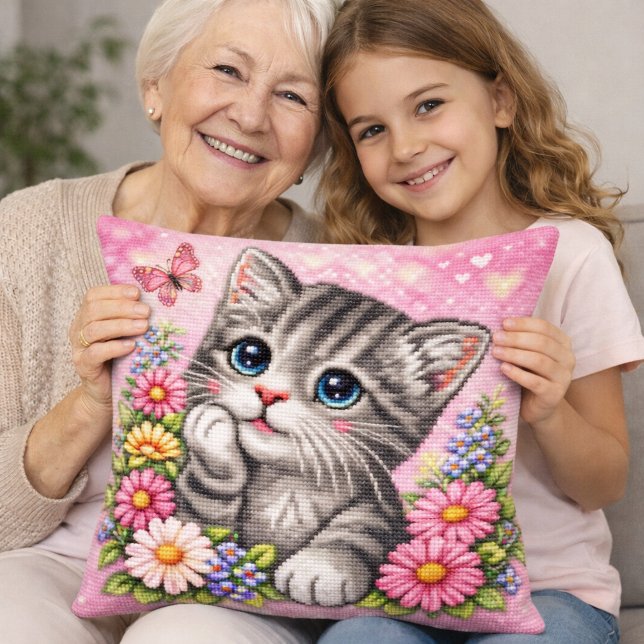 Almofada Cute Kitten Floral Cross Stitch Throw Pillow (Criador carregado)