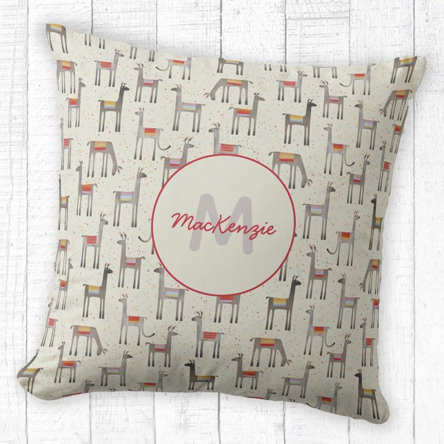 Almofada Cute Llama Alpaca Monograma (Fun llama personalized name monogram initial throw pillow)