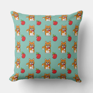 Almofada Cute Orange White Cat Eating Red Apple Cartoon