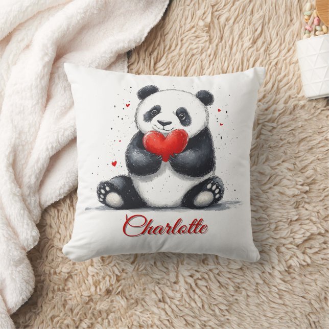 Almofada Cute Panda Segurando Coração com Nome Personalizáv (Cobertor)