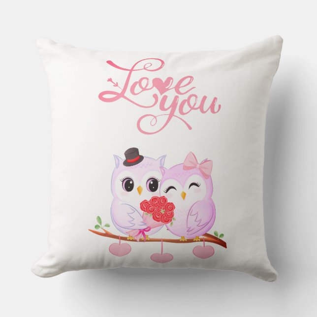 Almofada Cute Pink Owls Couple Valentine Heart  (Frente)
