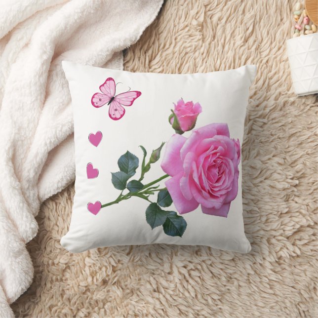 Almofada Cute Pink Rose Butterfly Hearts Throw Pillow  (Cobertor)