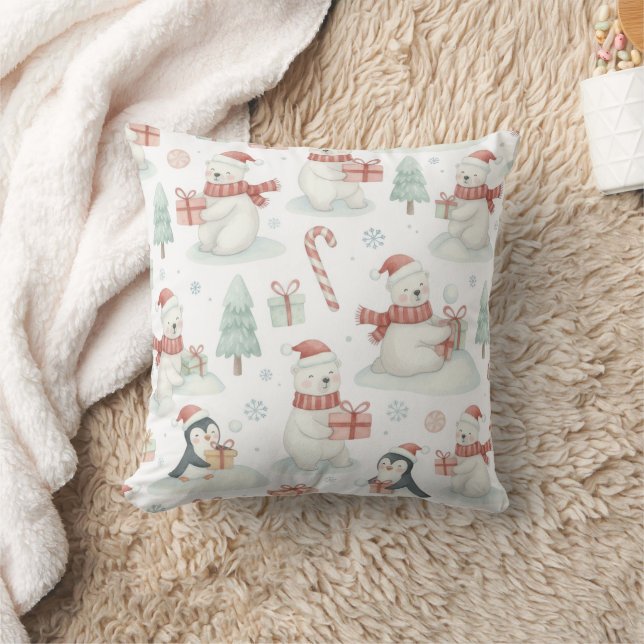 Almofada Cute Polar Bears & Penguins Christmas Throw Pillow (Cobertor)