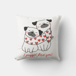 Almofada Cute Pug Couple with Hearts Illustration