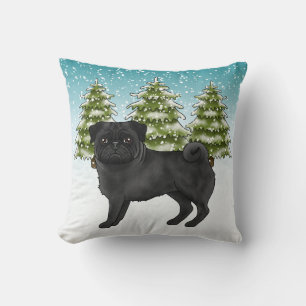 Almofada Cute Pug Preto Desenho Animado Floresta de Inverno