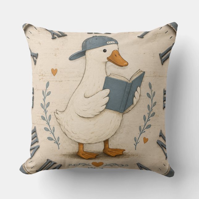 Almofada Cute Reading Duck Book Lover Whimsical Nursery  (Frente)