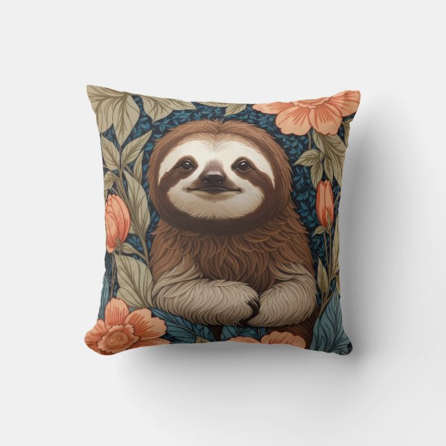 Almofada Cute Sloth Elegant Floral William Morris Inspired (Frente)