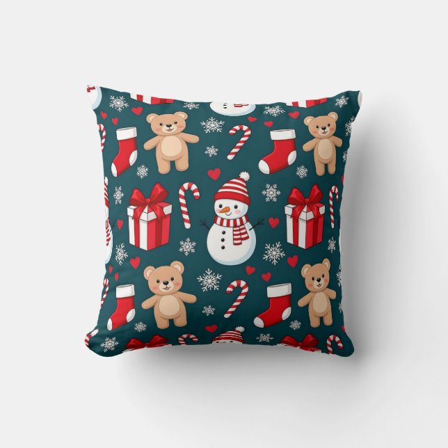 Almofada Cute Snowman & Teddy Christmas Throw Pillow (Frente)