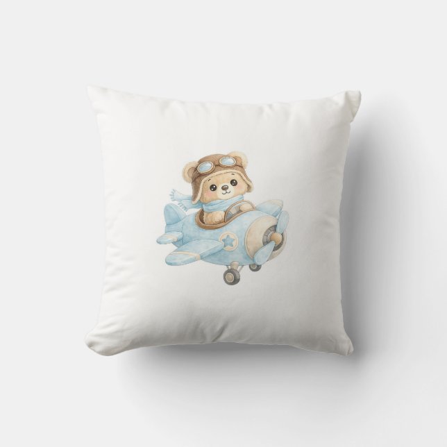Almofada Cute Teddy Bear Pilot in Blue Airplane | Adorable  (Frente)