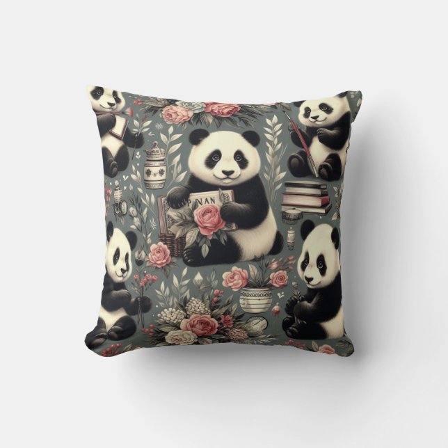 Almofada Cute Vintage Panda Floral (Frente)