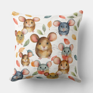 Almofada Cute Watercolor Mice and Autumn Leaves Pattern
