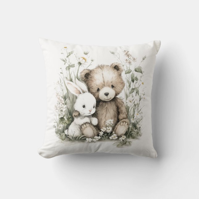 Almofada Cute Watercolor Teddy Bear with Rabbit (Frente)