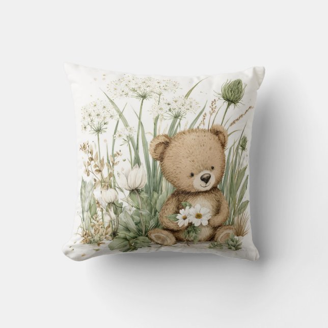Almofada Cute Watercolor Teddy Bear with Wildflowers (Frente)