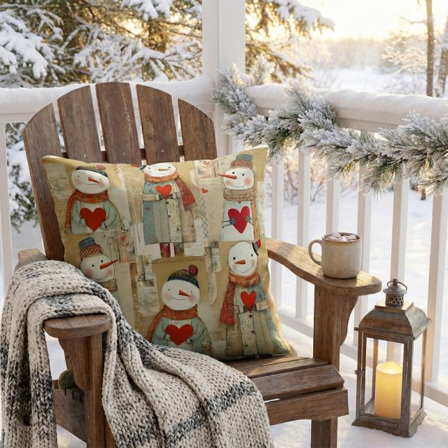 Almofada Cute Whimsical Hearts Snowman Winter (Pillow showing cute illustrations of snowmen with warm red hearts. With lovely earth tones)