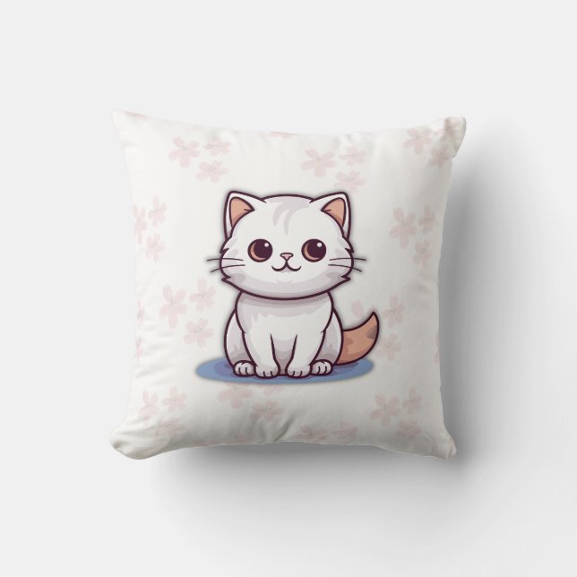 Almofada Cute White Cat Pillow – Pink Floral Design (Frente)