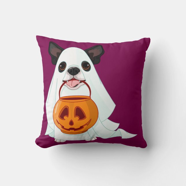 Almofada Cute White Halloween Ghost Dog Pumpkin Pail Art (Frente)