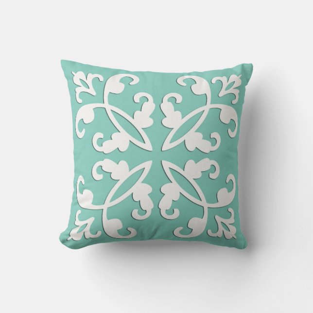 Almofada Cutwork laçado - branco sobre o verde do seafoam (Frente)
