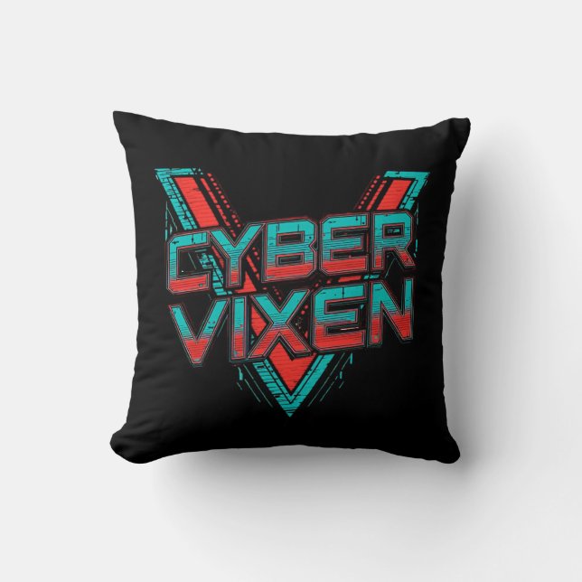 Almofada Cyber Vixen - Gamer Girl - Red Teal Gaming Graphic (Frente)