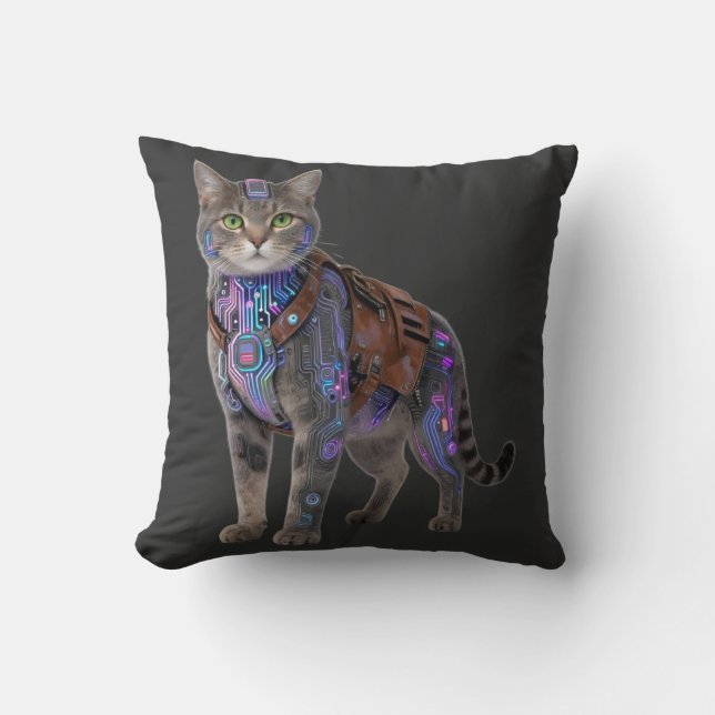 Almofada Cyberpunk Circuit Cat – Neon Tech Beast (Frente)