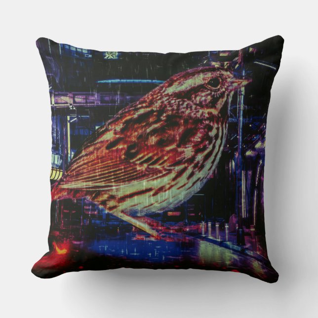 Almofada Cyberpunk Sparrow em Neon Cityscape (Frente)