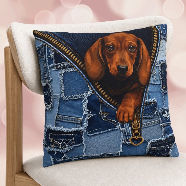 Almofada Dachshund & Amante de Jeans Remendo de Patchwork F (Criador carregado)