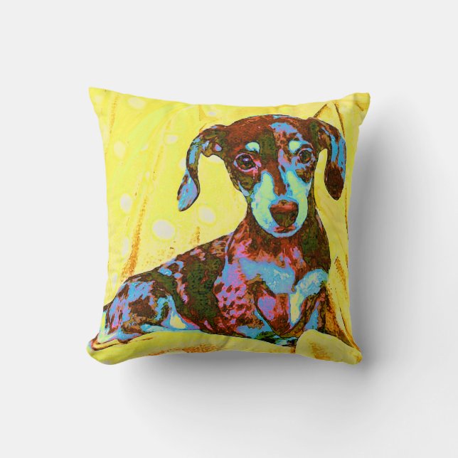Almofada dachshund amarelo do pop art (Frente)