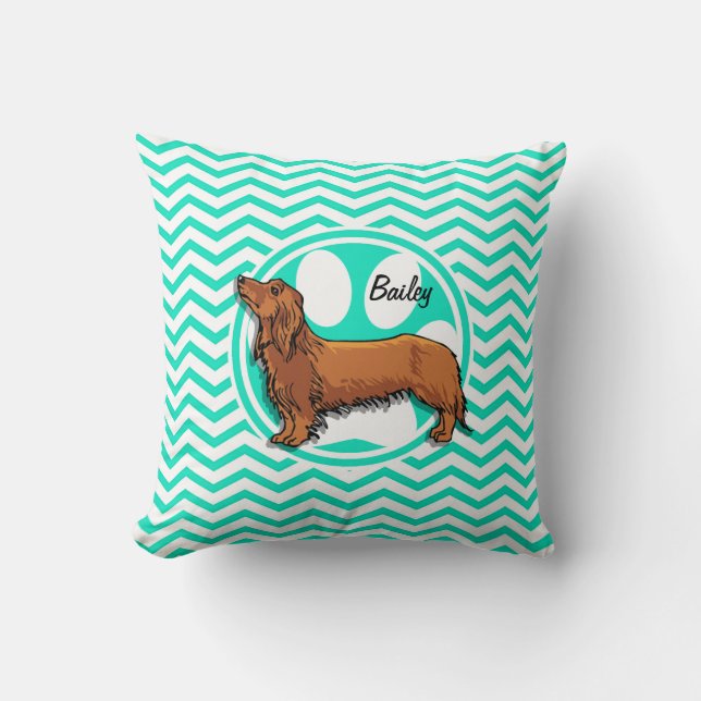 Almofada Dachshund; Aqua Green Chevron (Frente)