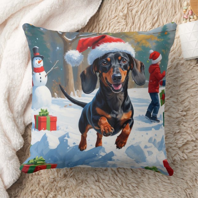 Almofada Dachshund Correndo em Neve com Chapéu de Natal (Cobertor)