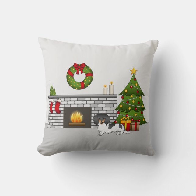 Almofada Dachshund de Natal com Pelagem Longa Preta e Marro (Frente)