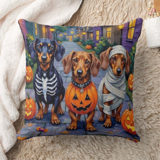Almofada Dachshund Dogs Trick-or-Tratating in Halloween (Cobertor)