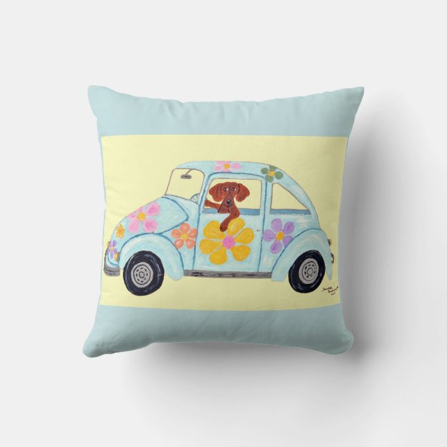 Almofada Dachshund em carro hippie (Verso)