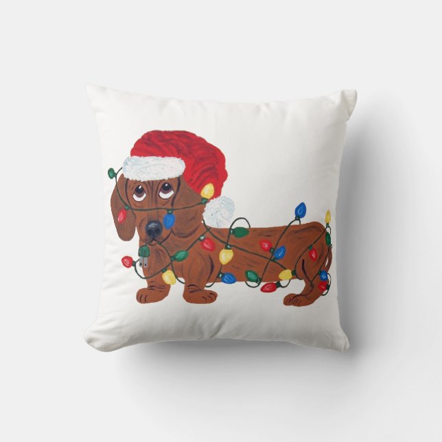 Almofada Dachshund Enroscado Em Luzes De Natal (Vermelho) (Frente)
