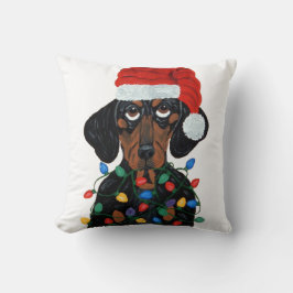 Almofada Dachshund Papai Noel Enroscado Em Luzes De Natal