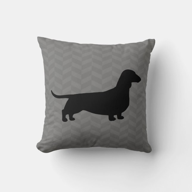 Almofada Dachshund Silhouette na Cinza Herringbone Pattern (Frente)