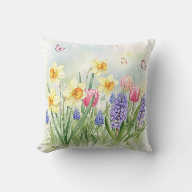 Almofada Daffodils, Tulipas, Hyacintos, Borboletas Travesse (Frente)