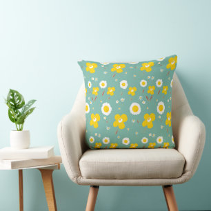 Almofada Daisy Flowy Amarelo Branco Em Verde Teal