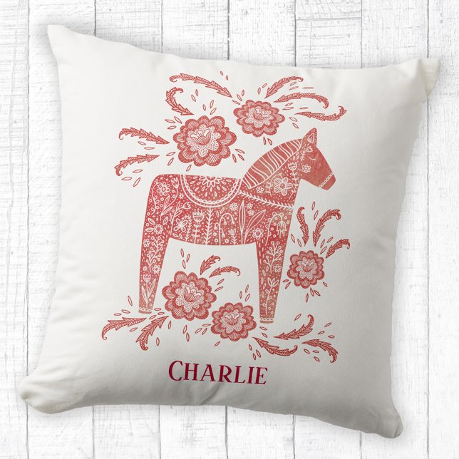 Almofada Dala Horse Art em Sueco Personalizado (Personalized name Swedish Dala Horse red and white pillow)