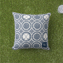 Almofada Damasceno Preppy de Golfe - Bolas e Tacadas em Azu