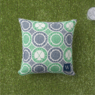 Almofada Damasceno Preppy de Golfe - Bolas e Tacadas em Azu