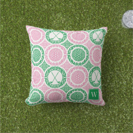 Almofada Damasceno Preppy de Golfe - Bolas e Tacadas - Rosa