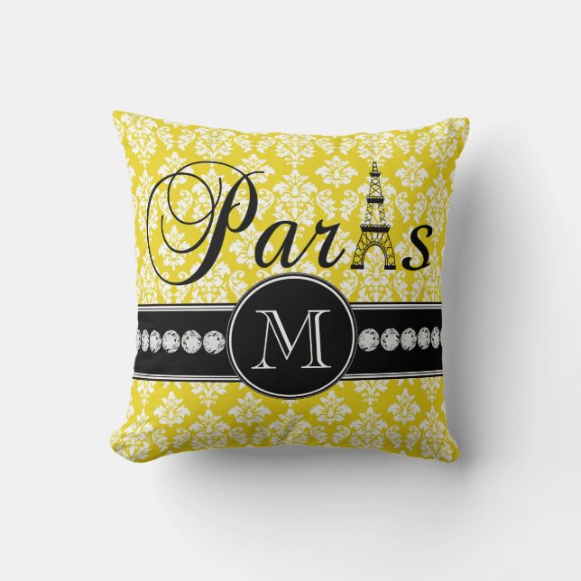 Almofada Damasco amarelo chique Paris Monogrammed (Frente)