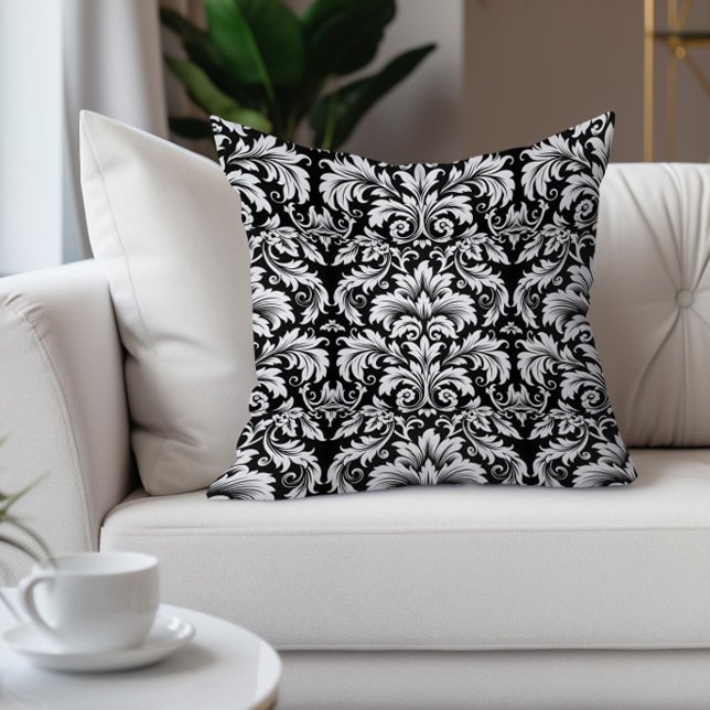 Almofada Damasco branco preto elegante (Elegant vintage black and white damask decorator pillow)
