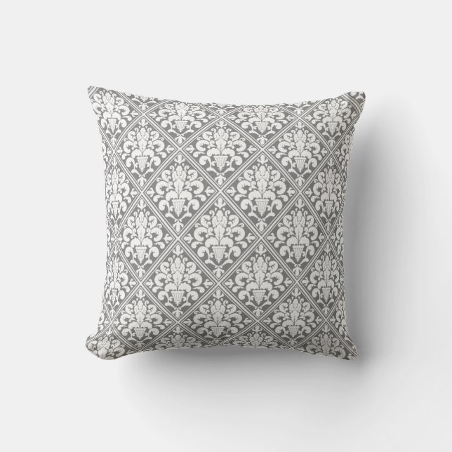 Almofada Damasco Cinza Branco Ornamentado (Frente)