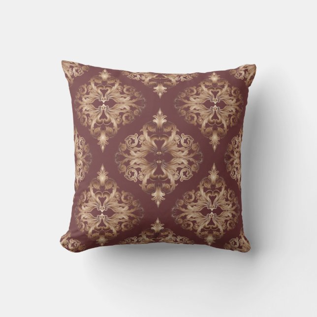 Almofada Damasco de luxe Oxblood e de cobre (Frente)