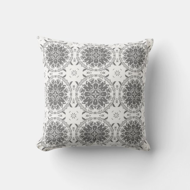 Almofada Damasco de ornamento de folclore branco e cinza (Frente)
