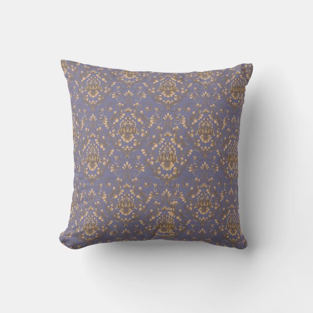 Almofada Damasco de Ouro Elegante sobre Azul Periwinkle (Frente)